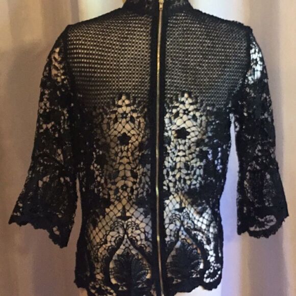 NWOT medium size crocheted black top with back gold statement zipper - Picture 9 of 10